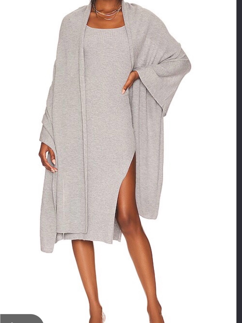 Light Gray Ribbed Knit Slip Dress & Robe Set - Women Intimates & Sleepwear